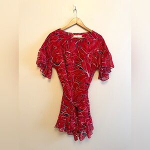 Amanda Uprichard Red Print Floral Flutter Sleeve Dress (Size L)
